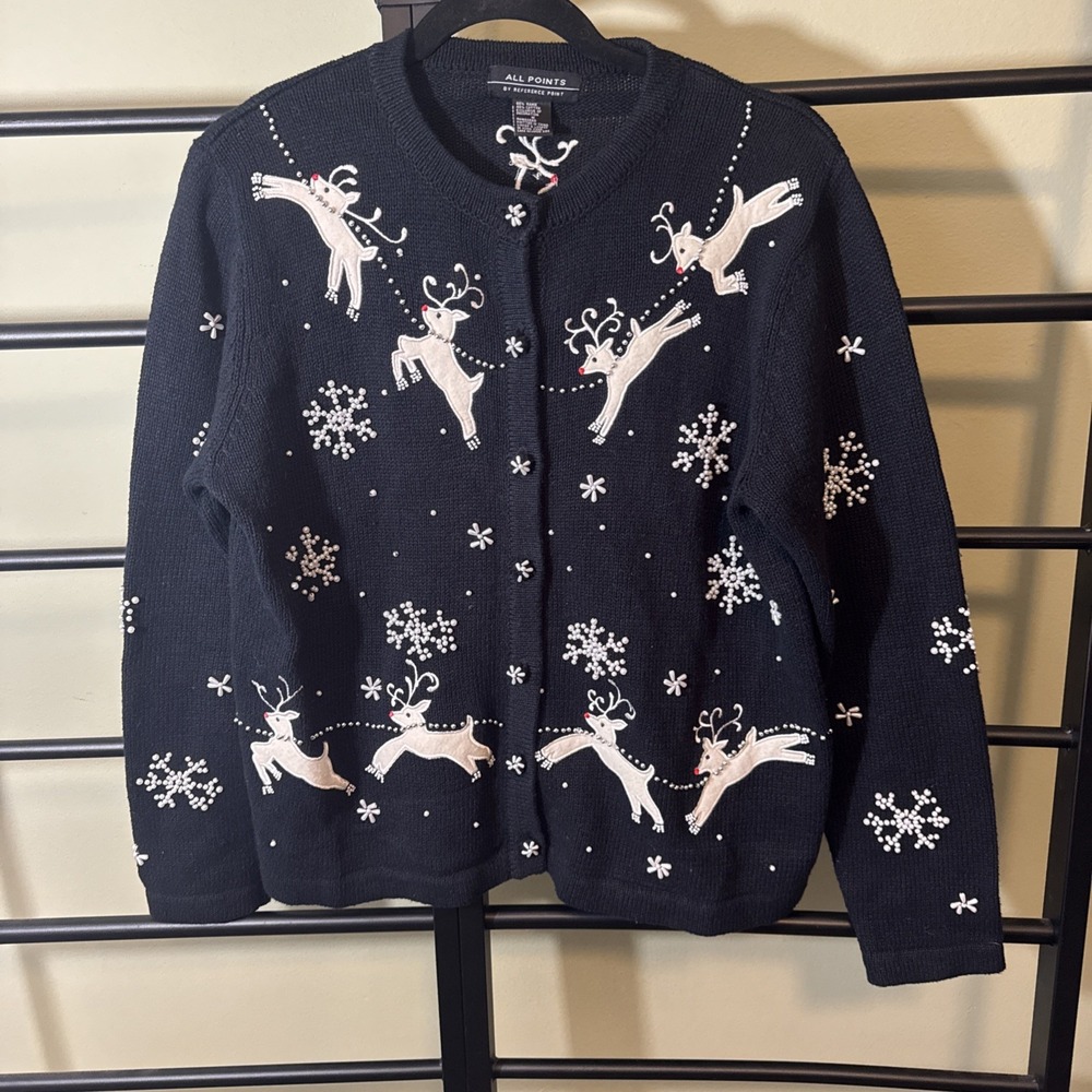 Vtg Michael Simon Beaded Christmas Sweater Size M Cardigan Reindeer Santa Snow
